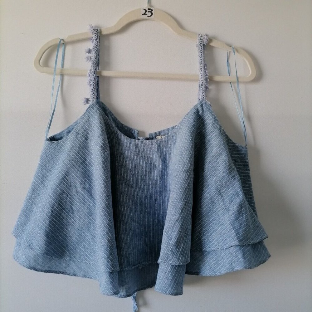 Paper Crane Womens Sky Blue Spaghetti Strap Tie Up Back Cropped Top Size Large